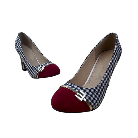 Women’s Houndstooth & Red Cap Toe With Gold Accent Pumps Size 38 (US 7.5) - Picture 1 of 8